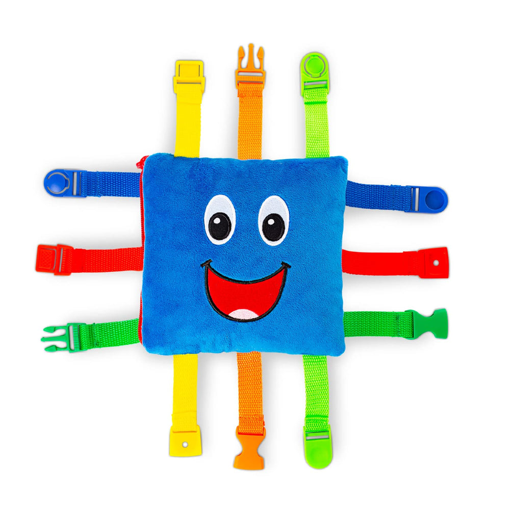 Buckle Toys Boomer Square soft blue plush for quiet, engaging play.