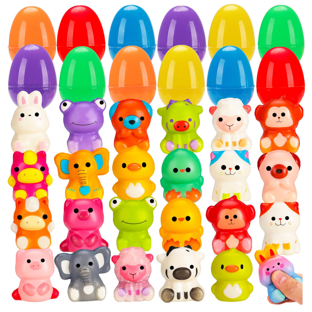 Budbof 24-pack filled Easter eggs with squishy animal toys for kids' egg hunts.