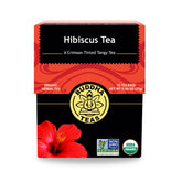 Buddha Teas Hibiscus packaging highlighting organic, caffeine-free blend with antioxidants