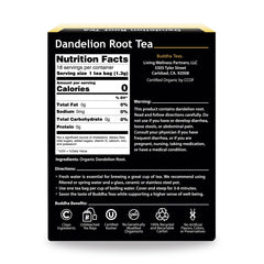 Buddha Teas Organic Dandelion Root Tea bag close-up, showcasing natural ingredients.