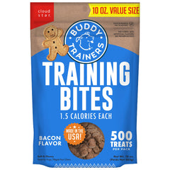 Buddy Biscuits Trainers 10 Oz pouch front showing bacon flavored bites for small dogs.