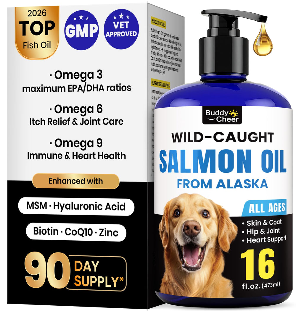 BuddyCheer Wild Alaskan Salmon Oil bottle promotes a healthy coat for pets