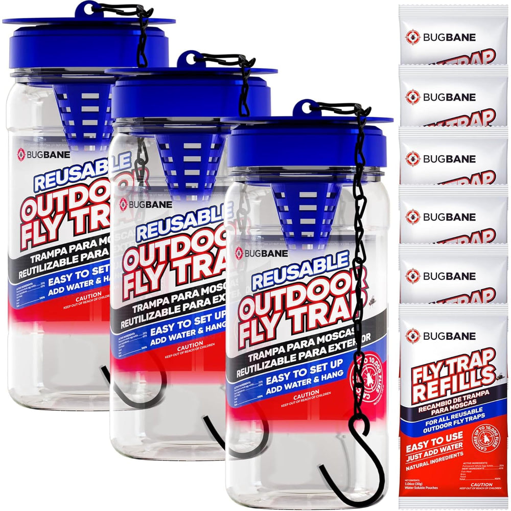 BugBane 3 Fly Traps on patio reduce outdoor flies around the yard