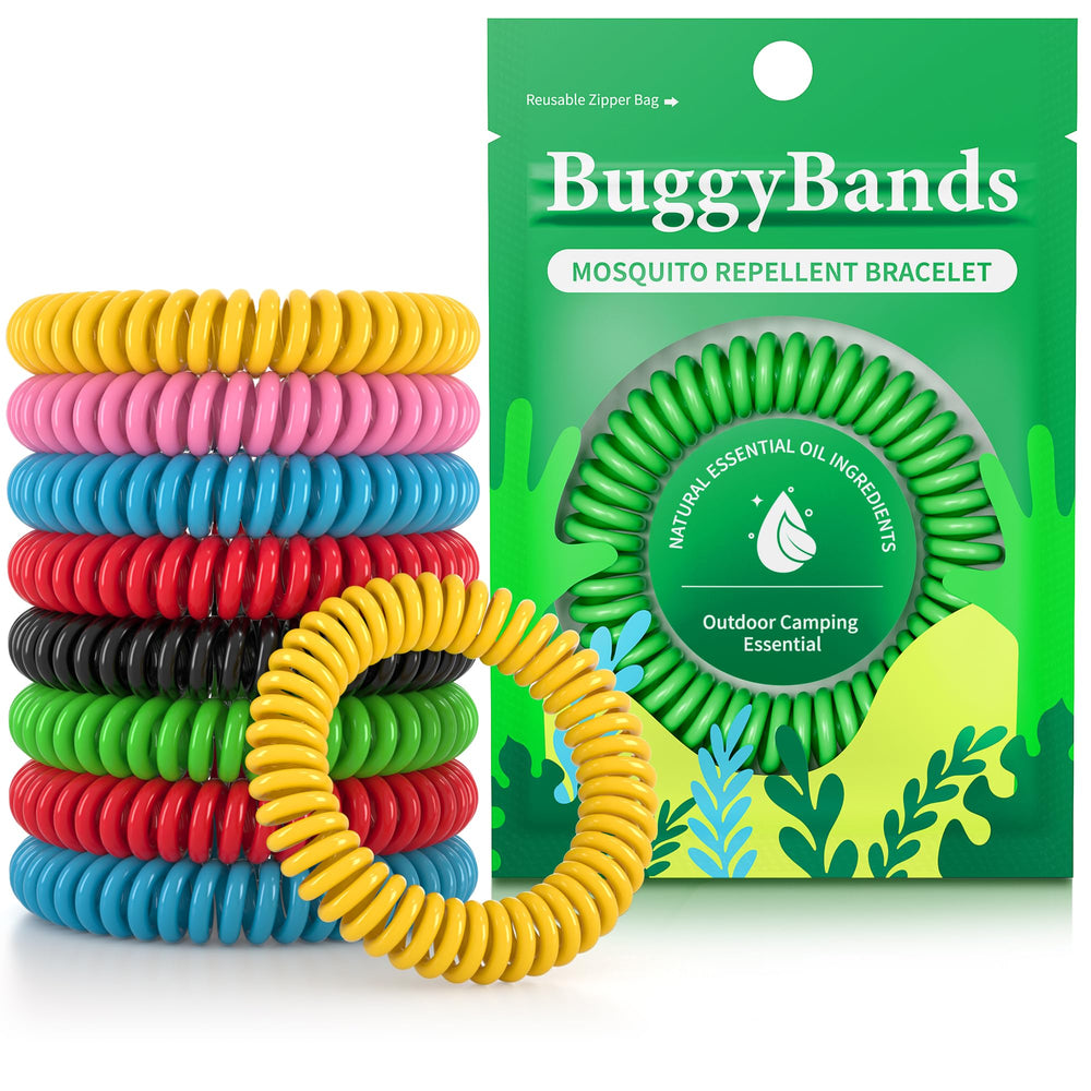 BuggyBands colorful mosquito bracelet worn on wrist, ideal for family outdoor outings.