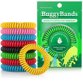 BuggyBands colorful mosquito bracelet worn on wrist, ideal for family outdoor outings.