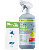 BugMD flea spray bottle shown for indoor use with plant-based essential oils