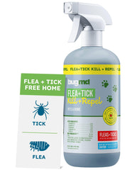 BugMD flea spray bottle shown for indoor use with plant-based essential oils