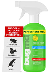 BugMD Peppermint Oil Spray bottle shown for rodent deterrence indoors.