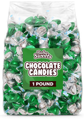 Buha Sweets green and silver foil-wrapped chocolates in a candy bowl for festive display.