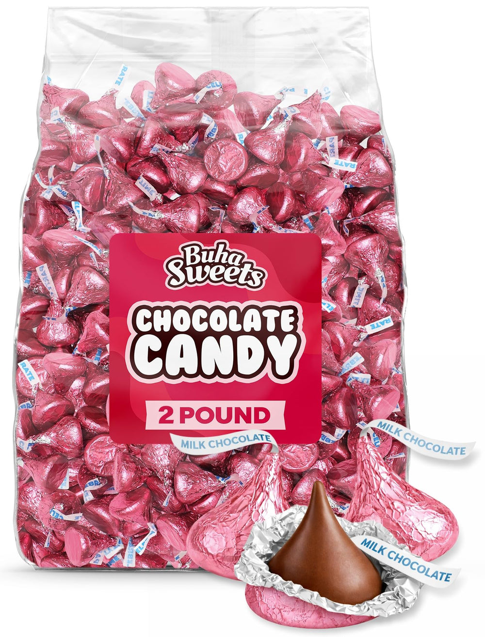 Buha Sweets pink-wrapped milk chocolate candies in a 2 lb bulk bag for sharing.
