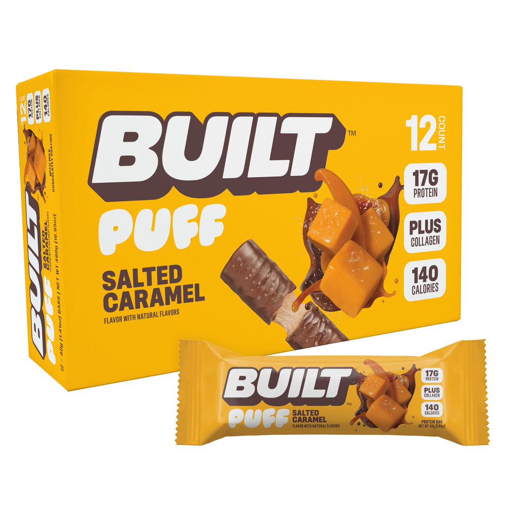 Built Bar Puff Salted Caramel close-up showing chewy texture for protein on the go.