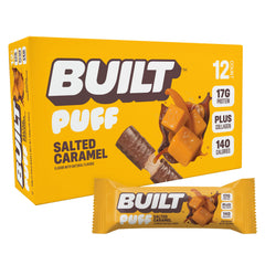 Built Bar Puff Salted Caramel close-up showing chewy texture for protein on the go.