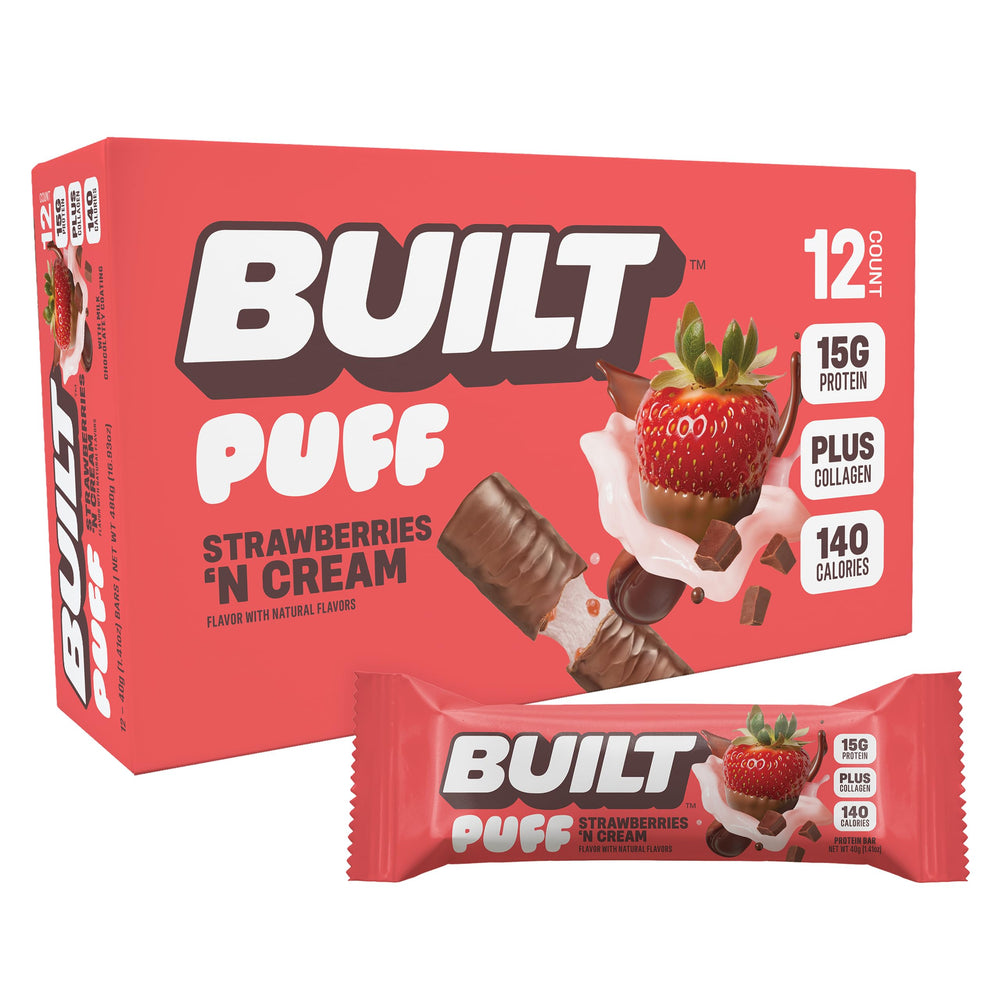 Built Bar Puff Strawberries-n-Cream bar wrapped for quick on-the-go protein snacking.