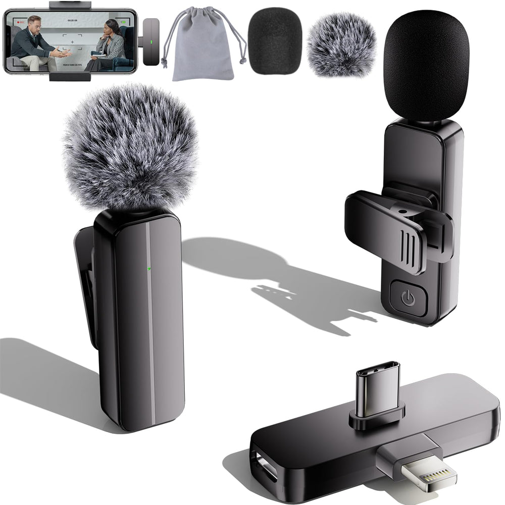 Bulatry 2-pack wireless lavalier microphones with USB-C and Lightning for versatile device use.