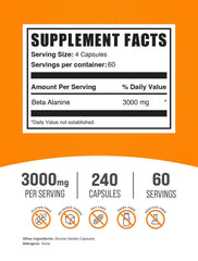 BulkSupplements Beta Alanine capsules close-up label, gluten-free formula for diverse diets.