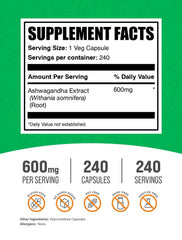 BulkSupplements Ashwagandha root extract bottle front view highlighting vegan capsules.