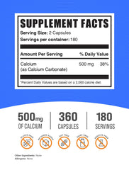 BulkSupplements Calcium Carbonate Capsules bottle displays nutrition facts for informed daily choices.