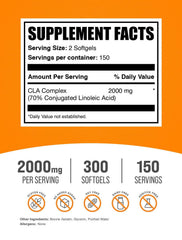 BulkSupplements CLA softgels pour showing convenient two-capsule serving