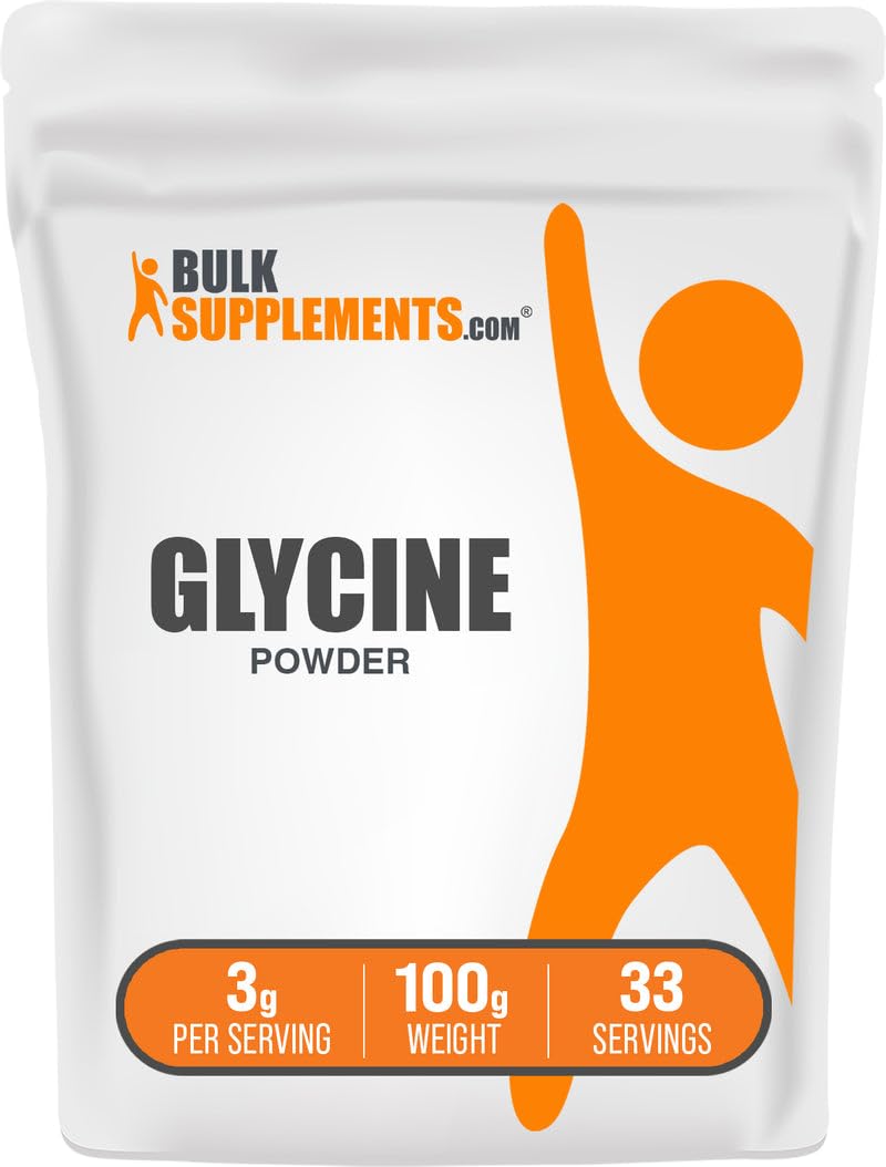 BulkSupplements Glycine powder container closeup for daily wellness use.