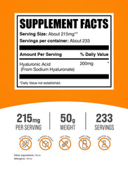 BulkSupplements Hyaluronic Acid Powder container front showing 50 g size for flexible daily dosing