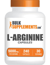 BulkSupplements L-Arginine capsules bottle front shows a 240-count package for daily active routines.