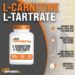 BulkSupplements L-Carnitine L-Tartrate capsules closeup highlights the 1000 mg per serving.