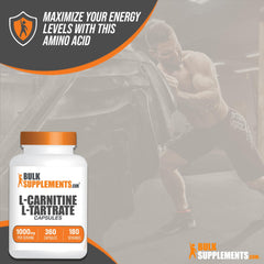 BulkSupplements L-Carnitine L-Tartrate capsules closeup for on-the-go support.