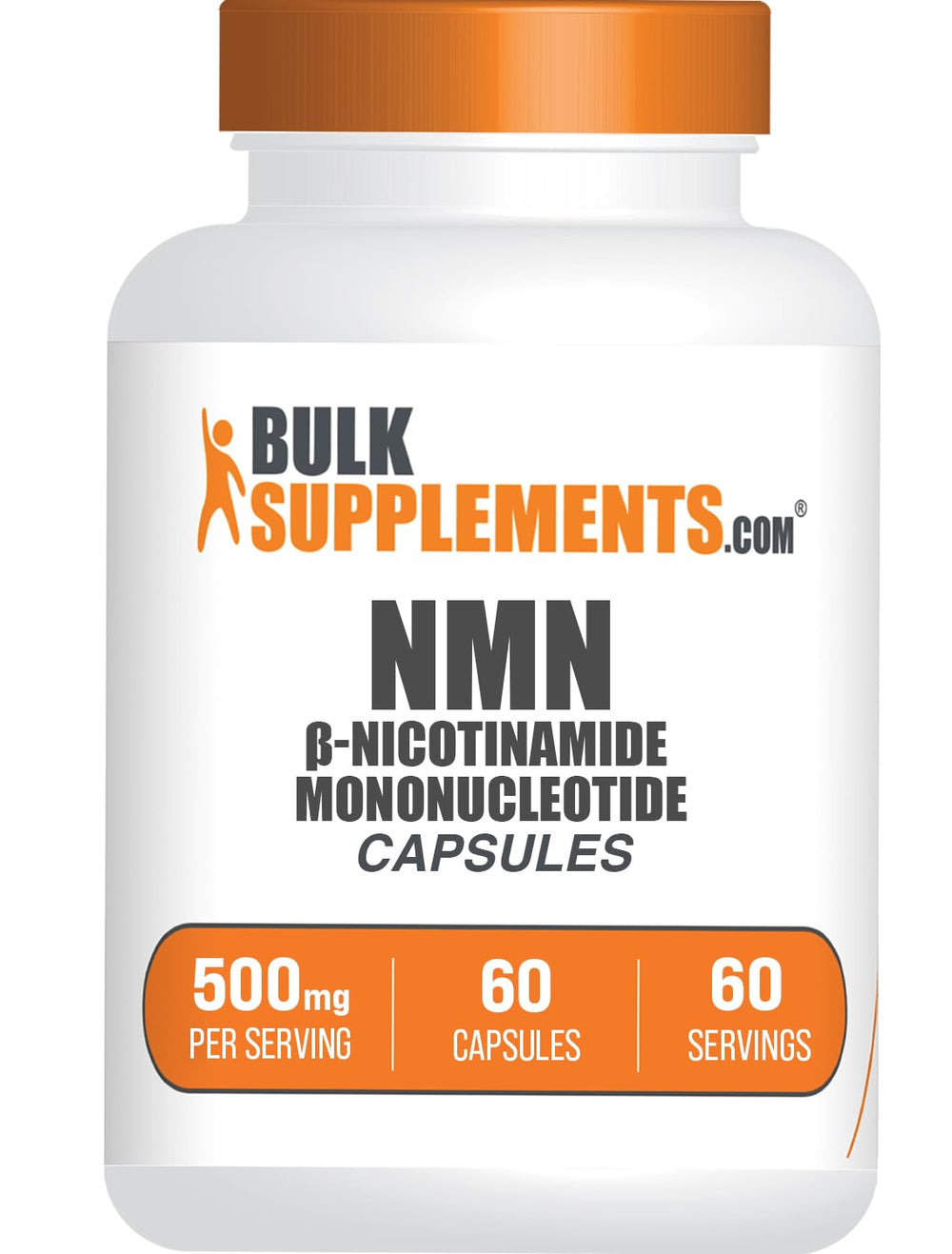 BulkSupplements NMN capsules in a gluten-free bottle deliver 500 mg per capsule for daily wellness.