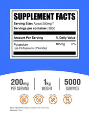 BulkSupplements Potassium Chloride powder scoop used to measure servings for hydration support.