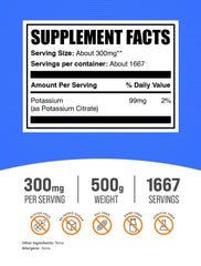 BulkSupplements potassium citrate powder scoop beside glass of water for easy mixing.