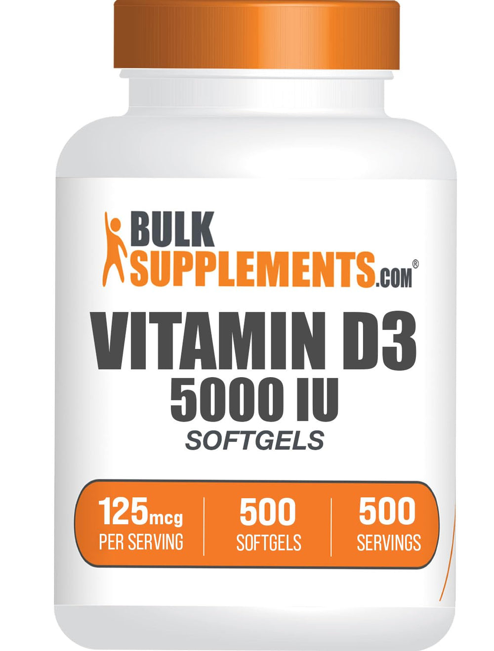 BulkSupplements Vitamin D3 5000IU softgel bottle on table for daily wellness.