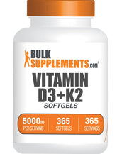 BulkSupplements Vitamin D3 and K2 softgels bottle for daily immune support.