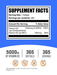 BulkSupplements Vitamin D3 and K2 softgels close-up label showing ingredients.