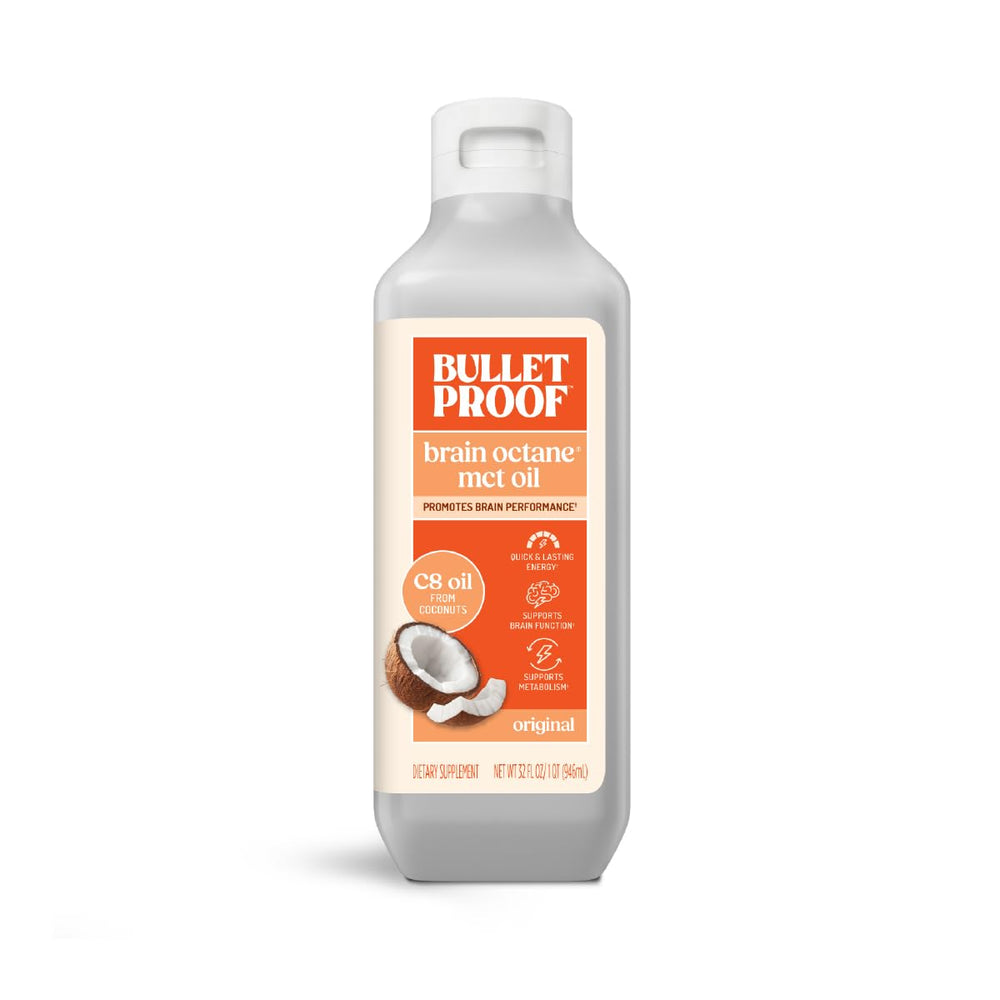 Bulletproof Brain Octane C8 MCT Oil bottle showing pure coconut energy source for quick use
