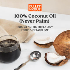 Bulletproof Brain Octane C8 MCT Oil label close-up highlighting coconut origin.