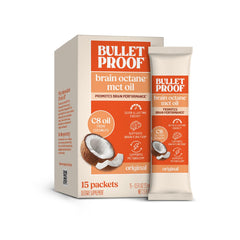 Bulletproof Brain Octane packets display 15 x 0.5oz arranged for travel energy on the go.