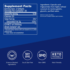 Bulletproof Brain Octane Softgels bottle-cap close-up for easy two-caps daily energy.