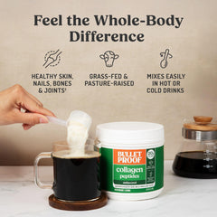 Bulletproof collagen peptides coffee mix, dissolves easily into hot drinks.