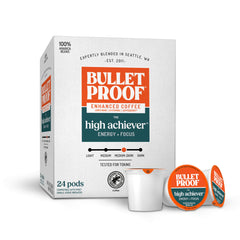 Bulletproof The High Achiever box packaging shows 24 pods for on-the-go energy.