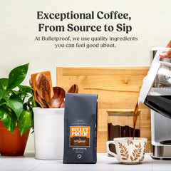 Close-up packaging label on Bulletproof coffee bag emphasizing sustainability.
