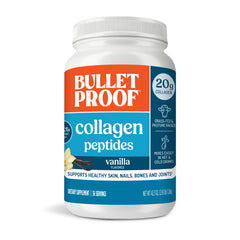 Bulletproof Vanilla Collagen Protein Powder jar promotes daily protein boost.