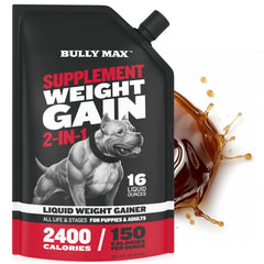 Bully Max Liquid Weight Gainer bottle front, high-calorie dog supplement.
