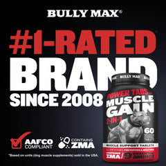 Bully Max Power Tabs bottle-label highlights USA-made quality and easy dosing.