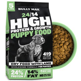 Bully Max Puppy Food bag showing 24/14 growth formula for puppies.