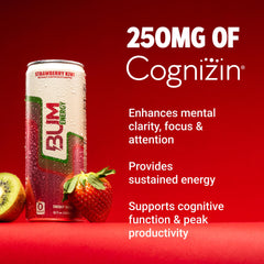 Bum Energy can poured into a glass showing refreshing flavor and aroma.
