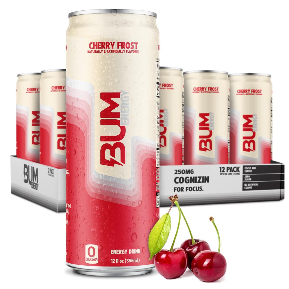 Bum Energy Cherry Frost can close-up showing a sugar-free formula for clean energy.
