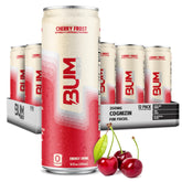 Bum Energy Cherry Frost can close-up showing a sugar-free formula for clean energy.