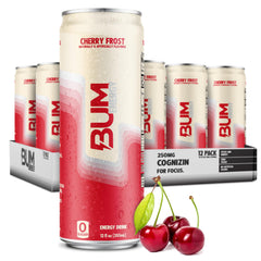Bum Energy Cherry Frost can close-up showing a sugar-free formula for clean energy.