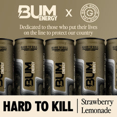 Bum Energy close-up can highlights bright strawberry lemonade flavor and carbonation.