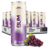 Bum Energy Grape can close-up highlighting sugar-free formula for clean energy.